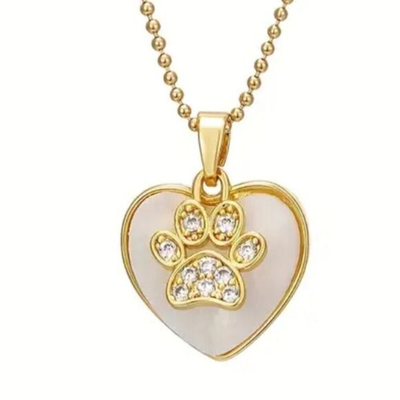 Stainless Steel Gold-plated Zirconia Inlaid Necklace with Pet Paw Heart Pendant - Picture 1 of 6